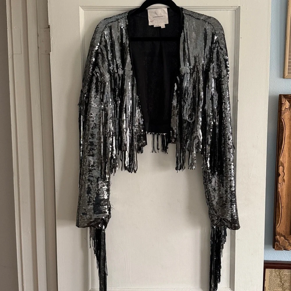 By Anthropologie Green Silver Black Sequin Fringed Jacket Large EUC Rare - Picture 7 of 10